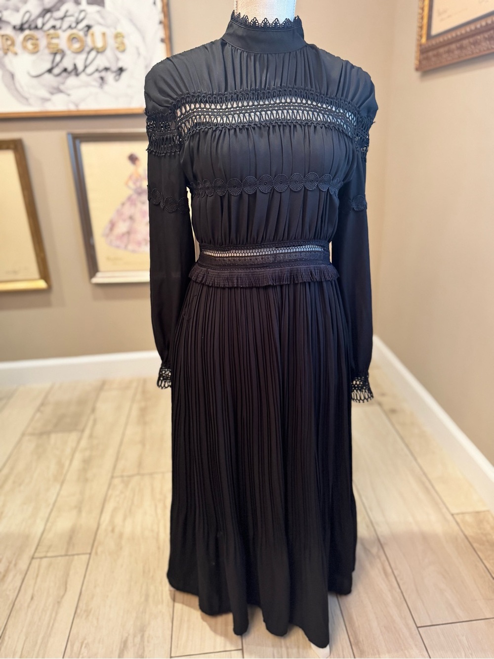 NWOT! Pinky Sweet Elegant Pleated Black Long-Sleeve Lace-Trim Maxi Dress